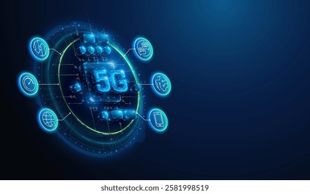 Lowpoly 5G Communication Hardware With Lineart Icons. Abstract geometric illustration on fifth generation wireless mobile network connection technology concept by wireframe mesh on blue background