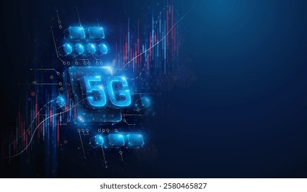 Lowpoly 5G Mobile Network Stock Market Chart. Abstract geometric illustration depicting 5th gen communication technology hardware industry price evaluation concept by wireframe mesh on blue background