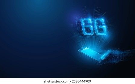 Lowpoly 6G Wireless Mobile Network Smartphone in Hand. Abstract geometric illustration depicting sixth generation communication hardware technology concept by wireframe mesh on blue background