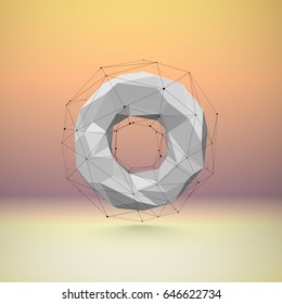 Lowpoly abstract vector illustration. A scene with 3d torus object with a wireframe around it.