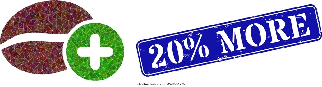 Low-poly add coffee combined with randomized filled triangles, and grunge 20 discount More seal. Blue rounded framed rectangle seal has 20 discount More title inside framed rectangle shape.