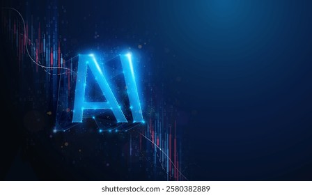 Lowpoly AI Over Stock Market Crash Chart. Abstract geometric illustration on artificial intelligence technology industry business evaluation economics concept by wireframe mesh on blue background