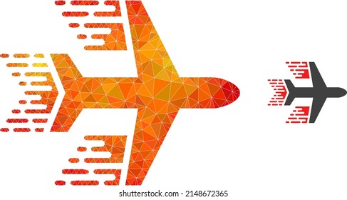Icono de avión de baja polilla con gradiente de color fuego. Ilustración poligonal 2d de la aeronave triangulada de color fuego. El vector de la aeronave poligonal está construido a partir de triángulos de color aleatorizado.