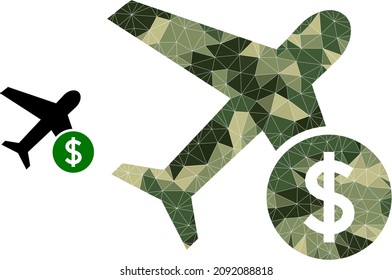 Low-poly airflight price icon designed of scattered camo colored triangle parts. Vector airflight price pictogram in camouflage military style.