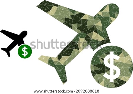 Low-poly airflight price icon designed of scattered camo colored triangle parts. Vector airflight price pictogram in camouflage military style.