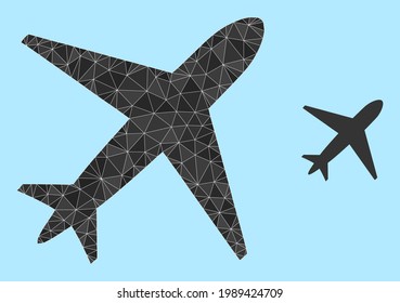 lowpoly airplane icon on a light blue background. Polygonal airplane vector is filled from random triangles. Triangulated airplane polygonal symbol illustration.