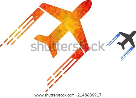 lowpoly airplane trail icon with flame colorful gradient. Triangulated flame colored airplane trail polygonal 2d illustration.