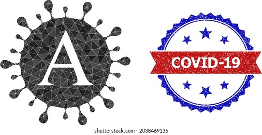 Low-poly Alpha coronavirus polygonal icon illustration, and grunge bicolor rosette stamp, in red and blue colors. Collage Alpha coronavirus is formed of chaotic filled triangles.