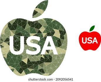  Low-poly American apple icon combined with random khaki color triangle parts. Vector American apple icon designed in khaki army style.