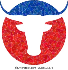 Low-poly american cow logo icon image is designed with scattered filled triangles. Triangulated american cow logo polygonal 2d vector illustration. American Cow Logo icon is filled with triangles.