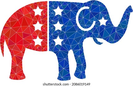 Low-poly american democratic elephant icon illustration is combined with randomized filled triangles. Triangle american democratic elephant polygonal symbol vector illustration.