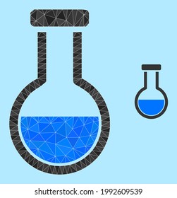 lowpoly analysis flask icon on a light blue background. Polygonal analysis flask vector is designed of scattered triangles. Triangulated analysis flask polygonal icon illustration.