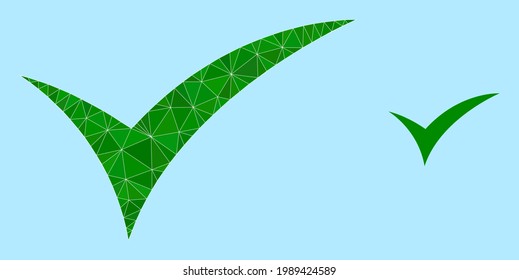 Low-poly apply icon on a sky blue background. Polygonal apply vector is filled with chaotic triangles. Triangulated apply polygonal symbol illustration.