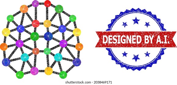 Low-poly artificial brain polygonal symbol illustration, and grunge bicolor rosette stamp imprint, in red and blue colors. Collage artificial brain formed of random color triangles.