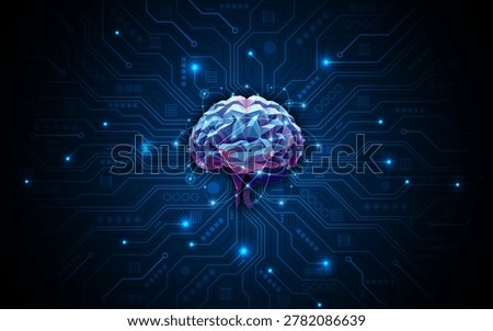 A low-poly artificial intelligence brain on a circuit board technology background. Concepts of neural networks and global data connectivity.

