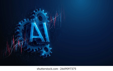 A Tecnologia De Inteligência Artificial De Baixa Poli Engrena No Crescimento Do Mercado De Ações. Ilustração vetorial abstrata que descreve o conceito financeiro do crescimento da indústria tecnológica da IA feito de malha de arames sobre fundo azul.
