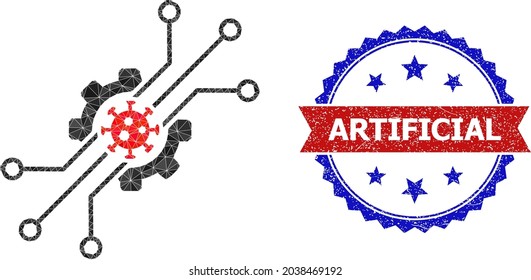 Ilustración de símbolo poligonal del virus artificial de baja densidad y sello de rosette bicolor de grano, en colores rojo y azul. El virus artificial del collage se compone de triángulos de color dispersos.