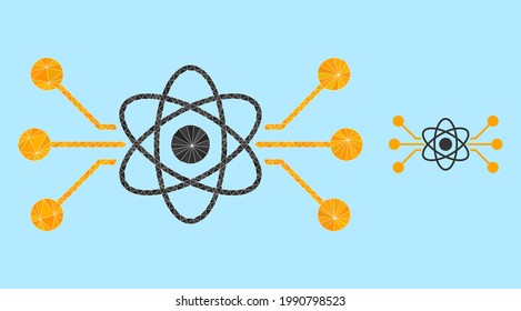Icono de circuito atómico de baja polilla sobre fondo azul cielo. Vector de circuito atómico poligonal lleno de triángulos aleatorizados. Ilustración de iconos poligonales del circuito atómico triangulado.