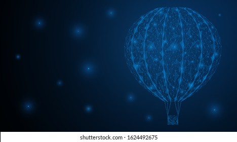 A low-poly balloon flying through the night sky. A tangle of lines and points forms a balloon. Blue background.