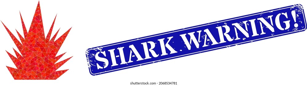 Bang bajo de pólvora construido con triángulos caóticos llenos y sello de advertencia de tiburón morrón. El sello del rectángulo con marco redondeado azul incluye el pie de foto de advertencia de tiburones dentro de la forma rectangular enmarcada.