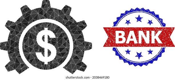 Low-poly bank industry polygonal symbol illustration, and grunge bicolor rosette seal stamp, in red and blue colors. Collage bank industry is formed with chaotic color triangles.