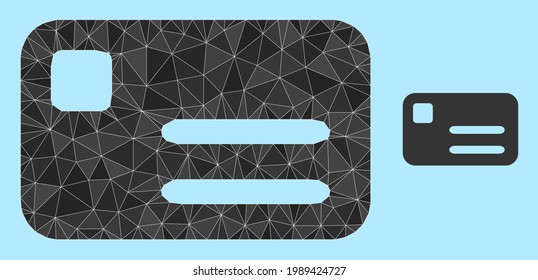 Low-poly banking card icon on a light blue background. Polygonal banking card vector filled with chaotic triangles. Triangulated banking card polygonal 2d illustration.