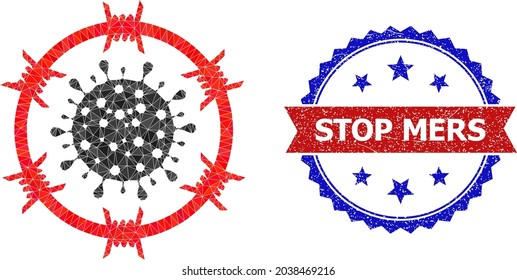 Low-poly barbed coronavirus zone polygonal symbol illustration, and grunge bicolor rosette watermark, in red and blue colors. Collage barbed coronavirus zone created of scattered color triangles.