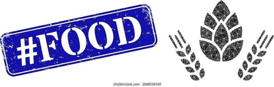 Low-poly barley and hop combined with scattered filled triangles, and grunge tag Food stamp. Blue rounded framed rectangle stamp includes tag Food caption inside framed rectangle form.