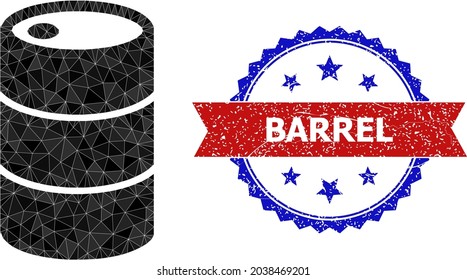 Ilustración de icono poligonal de barril bajo y sello de sello de rosette bicolor granulado, en colores rojo y azul. El barril mosaico se crea a partir de triángulos de color dispersos.