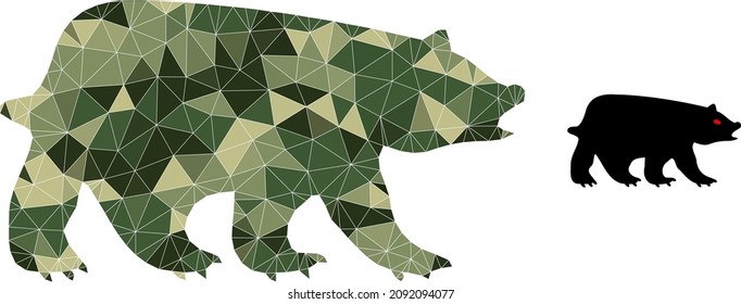  Lowpoly bear icon is combined from random khaki filled triangles. Vector bear icon designed in khaki military style.