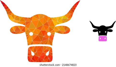 lowpoly beef head icon with flame colored gradient. Triangulated orange colorful beef head polygonal 2d illustration. Polygonal beef head vector is combined with random colored triangles.