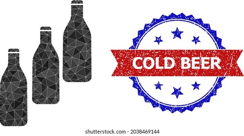 Lowpoly beer bottles polygonal icon illustration, and grunge bicolor rosette seal stamp, in red and blue colors. Mosaic beer bottles designed of randomized colored triangles.