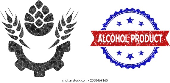 Lowpoly beer industry polygonal 2d illustration, and grunge bicolor rosette stamp, in red and blue colors. Collage beer industry is formed of chaotic colored triangles.