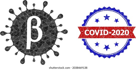 Lowpoly Beta covid virus polygonal 2d illustration, and grunge bicolor rosette seal stamp, in red and blue colors. Collage Beta covid virus composed from chaotic colored triangles.