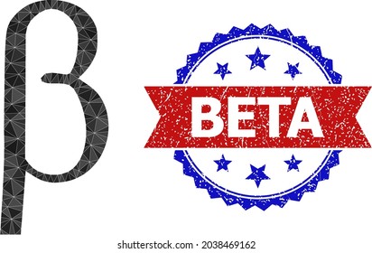 Lowpoly Beta Greek lowercase letter polygonal symbol illustration, and grunge bicolor rosette seal, in red and blue colors. Mosaic Beta Greek lowercase letter composed of random filled triangles.