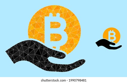 Low-poly bitcoiin donation hand icon on a sky blue background. Polygonal bitcoiin donation hand vector is constructed from randomized triangles.