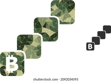 Lowpoly bitcoin blockchain icon is combined from randomized khaki filled triangle parts. Vector bitcoin blockchain icon in khaki military style.