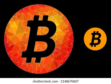 lowpoly bitcoin coin icon with flame colored gradient. Triangulated flame vibrant bitcoin coin polygonal icon illustration. Polygonal bitcoin coin vector is combined with scattered colorful triangles.