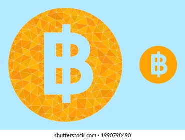 lowpoly bitcoin coin icon on a light blue background. Polygonal bitcoin coin vector designed from random triangles. Triangulated bitcoin coin polygonal icon illustration.