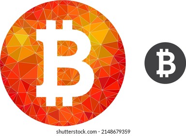 lowpoly bitcoin coin icon with orange vibrant gradient. Triangulated fire vibrant bitcoin coin polygonal 2d illustration. Polygonal bitcoin coin vector is filled with randomized bright triangles.