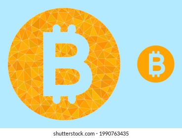 Low-Poly-Bitcoin-Goldmünzen-Symbol auf hellblauem Hintergrund. Polygonaler Bitcoin-Goldmünzvektor mit zufälligen Dreiecken. Triangulierte Bitcoin-Goldmünze polygonal Symbol-Illustration.