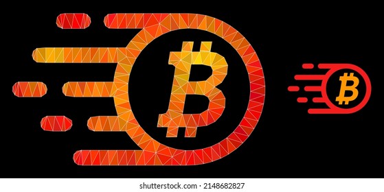 icono de bitcoin bajo con gradiente colorido de llama. Ilustración de ícono poligonal de bitcoin de color anaranjado triangulado. El vector de bitcoína poligonal está diseñado con triángulos de color aleatorizado.