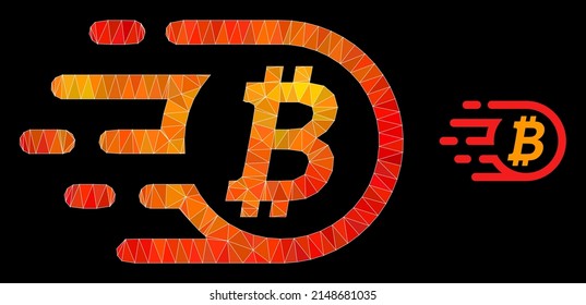 Low-Poly-Bitcoin-Symbol mit orangefarbenem Farbverlauf. Trianguliertes orangefarbenes Bitcoin, polygonal Symbol Illustration. Polygonaler Bitcoin-Vektor, entworfen aus randomisierten, dynamischen Dreiecken.