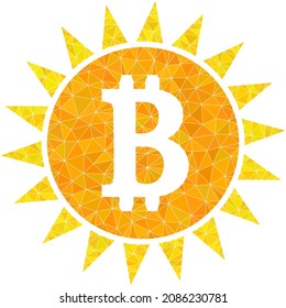 Ilustración de icono de brillo de bitcoin de baja polilla diseñada con triángulos rellenos caóticos. Ilustración vectorial de símbolo poligonal con brillo de bitcoin triangular. El icono de Bitcoin Shine está lleno de triángulos.