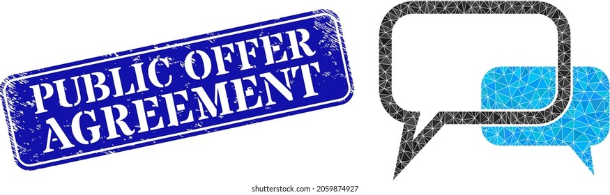 Low-poly blog messages combined with randomized filled triangles, and grunge Public Offer Agreement seal stamp.