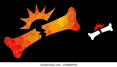 lowpoly bone fracture icon with orange colored gradient. Triangulated flame colored bone fracture polygonal icon illustration. Polygonal bone fracture vector is filled with scattered bright triangles.