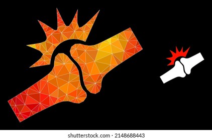 lowpoly bone joint fracture icon with fire colored gradient. Triangulated flame colored bone joint fracture polygonal icon illustration.