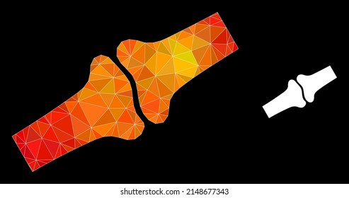 lowpoly bone joint icon with fire colored gradient. Triangulated fire colored bone joint polygonal 2d illustration. Polygonal bone joint vector is filled with scattered colorful triangles.