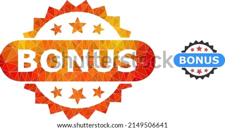 Low-poly bonus tag icon with orange vibrant gradient. Triangulated orange vibrant bonus tag polygonal symbol illustration. Polygonal bonus tag vector is combined from randomized bright triangles.