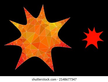 lowpoly boom splash icon with fire colorful gradient. Triangulated fire colorful boom splash polygonal icon illustration. Polygonal boom splash vector designed with randomized colored triangles.